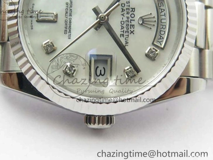 0521 Day-Date 36 SS 128239 Bp Maker Best Edition White MOP Dial Crystral Markers on President Bracelet FlexibleFit 3153